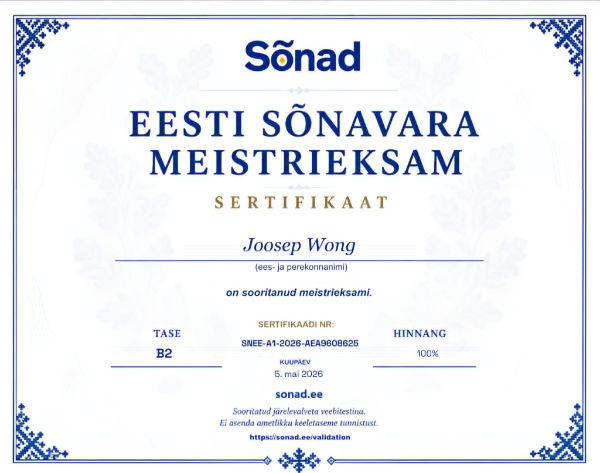 Example Sonad.ee completion certificate